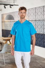 A blue men's tunic is shown, featuring a V-neck and short sleeves, worn with white pants. It has a logo on it.