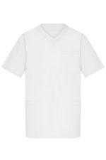 A white tunic featuring a v-neck and short sleeves, with a pocket and side slits. It has a branding logo.
