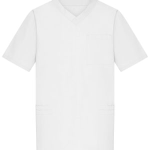 A white tunic featuring a v-neck and short sleeves, with a pocket and side slits. It has a branding logo.