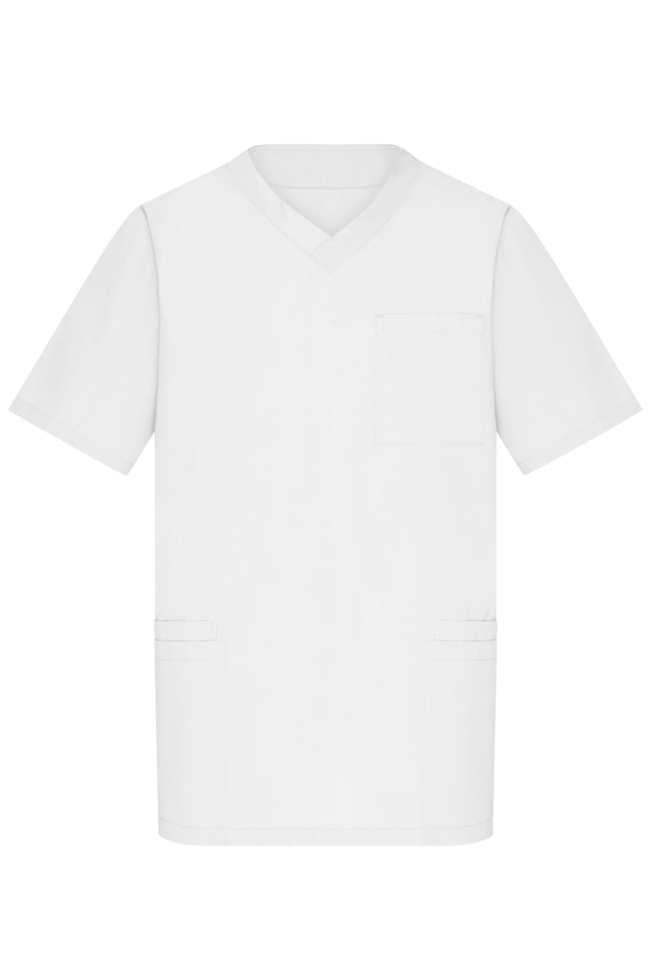 A white tunic featuring a v-neck and short sleeves, with a pocket and side slits. It has a branding logo. A white tunic featuring a v-neck and short sleeves, with a pocket and side slits. It has a branding logo.