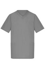 A grey men's tunic with a V-neck, short sleeves, and a pocket on the chest, featuring two side pockets.