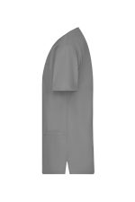 A grey uniform tunic with short sleeves and pockets, featuring a simple design and a logo.