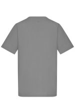 A grey tunic with short sleeves, featuring a plain back and a simple design. It includes a logo.