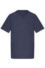 A navy blue tunic featuring a V-neck design, short sleeves, and pockets, with a logo on the front.