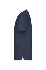 A navy blue men's tunic with short sleeves and a pocket, featuring a logo.