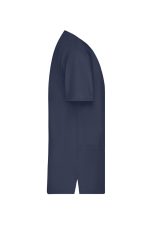A navy blue men's casack tunic with short sleeves and a side pocket. It features a logo on the fabric.