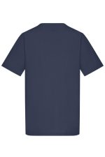 A navy blue tunic with short sleeves and a simple design, featuring a logo.