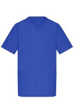 A blue men's tunic featuring a V-neck design, short sleeves, and multiple pockets. It has a logo.