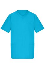 A turquoise men's tunic with a V-neck, short sleeves, and pockets, featuring a logo.