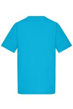 A turquoise short-sleeved tunic with a back view. It features a logo on the back.