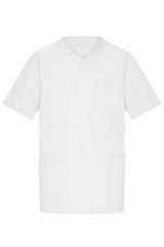 A white short-sleeved tunic with a V-neck and a chest pocket, featuring side pockets. It has a logo.