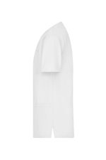 A white uniform tunic with short sleeves, featuring a pocket and a logo.