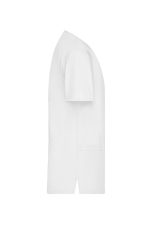 A white tunic with short sleeves and a pocket, featuring a logo. Suitable for uniforms.