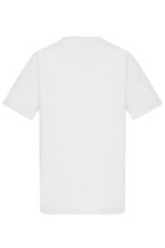 A plain white tunic top with short sleeves, featuring a logo on the back.