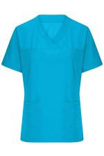 A turquoise ladies stretch casack uniform top featuring a v-neck and two front pockets. It has a logo on the design.