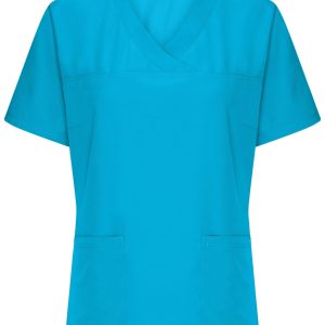 A turquoise ladies stretch casack uniform top featuring a v-neck and two front pockets. It has a logo on the design.