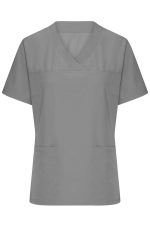 A grey ladies stretch casack with short sleeves and front pockets, featuring a logo.
