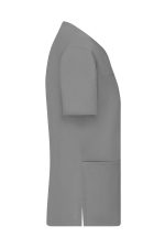 A grey ladies stretch casack featuring short sleeves and pockets, shown from the side.