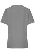 A grey short-sleeved tunic with a simple design and a logo on the back. Suitable for uniforms.