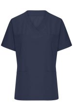 A navy blue ladies' stretch casack uniform tunic with short sleeves and two front pockets.
