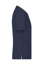 A navy blue ladies stretch casack with short sleeves and side pockets, featuring a logo.
