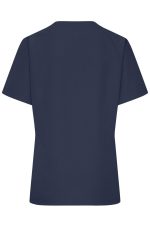 A navy blue short-sleeved tunic with a simple design and a logo.