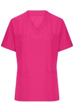 A pink ladies stretch casack with a V-neck and short sleeves, featuring two front pockets and a logo.