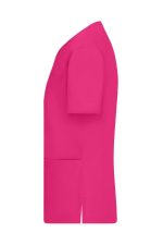 A pink ladies' stretch casack with short sleeves and side pockets, featuring a smooth finish and modern fit.