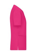 A pink ladies stretch casack with short sleeves and two front pockets, featuring a branding logo.