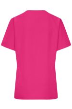 A pink tunic with short sleeves and a simple design, featuring a branding logo.
