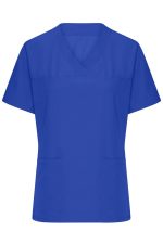 A blue ladies' stretch casack with short sleeves and two front pockets, featuring a logo.
