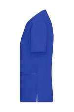A blue ladies' stretch casack, featuring short sleeves and side pockets, displayed from the side view.