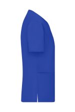 A blue ladies stretch casack with short sleeves and a side pocket, featuring a logo.