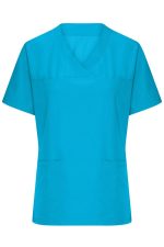 A vibrant turquoise ladies' stretch casack with short sleeves and two front pockets. It features a logo on the design.