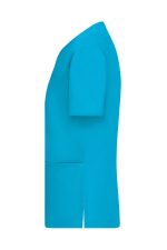 A turquoise ladies stretch casack featuring short sleeves and a pocket, with a smooth and fitted design.