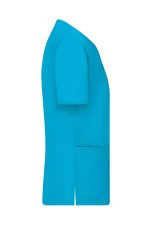 A turquoise ladies' stretch casack uniform tunic with short sleeves and a side pocket.