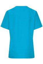 A turquoise ladies' stretch casack tunic with short sleeves and a simple back design. It features a logo.