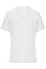 A white ladies' stretch casack with short sleeves and two front pockets, featuring a logo.