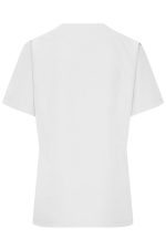 A white ladies' stretch casack with short sleeves, featuring a simple, tailored design. It has a logo present.