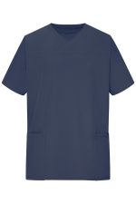 A navy blue men's stretch casack tunic featuring a v-neck and two front pockets. It includes a logo.