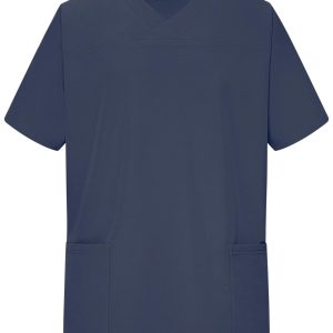 A navy blue men's stretch casack tunic featuring a v-neck and two front pockets. It includes a logo.