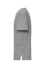 A grey men's stretch casack featured as a side view, showcasing its uniform tunic style. It has one pocket and a logo.