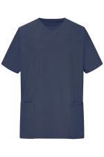A navy blue men's stretch casack with a V-neck and two front pockets, featuring a logo.