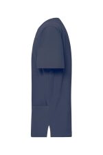 A navy blue men's stretch casack tunic with short sleeves and a side pocket. It features a logo.