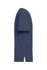 A navy blue men's stretch casack with short sleeves and side pockets, featuring a logo.