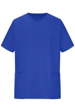 A blue Men’s Stretch Casack tunic with short sleeves and two front pockets. It features a logo on the fabric.