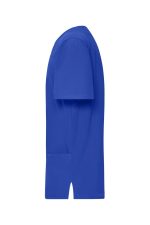 A blue men's stretch casack, featuring short sleeves and a side pocket, displayed in profile view.