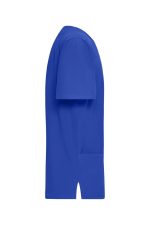 A blue men's stretch casack with short sleeves and a side pocket, featuring a logo on the chest.