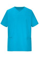 A teal men's stretch casack featuring a V-neck design and two front pockets. It has a logo on it.