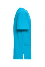 A turquoise men's stretch casack with short sleeves and a pocket design, viewed from the side.
